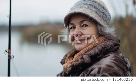 Senior woman enjoying fishing on a cloudy autumn day Senior woman enjoying fishing on a cloudy autumn day 121403230