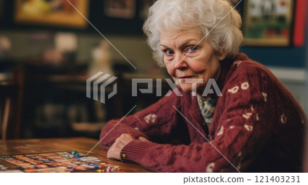 Elderly woman playing board game in cafe or restaurant Elderly woman playing board game in cafe or restaurant 121403231
