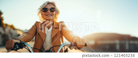 Senior woman riding bicycle and enjoying sunset: freedom and active lifestyle 121403238