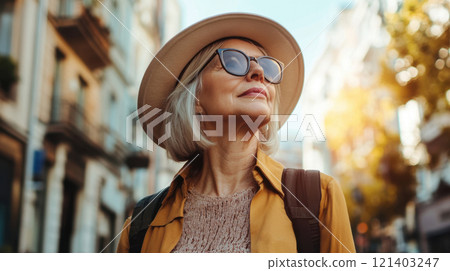 Senior tourist exploring city wearing sunglasses and hat 121403247