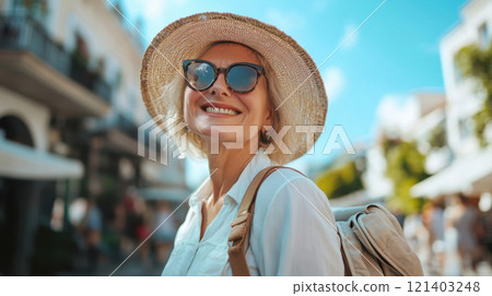 Senior tourist woman visiting city center on summer vacation 121403248