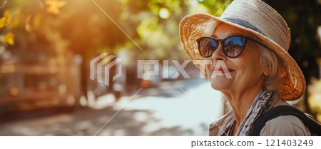 Senior tourist woman wearing sunglasses and sunhat exploring city during summer vacation 121403249