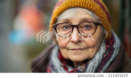 Portrait of confident senior woman wearing knitted winter hat and scarf 121403255
