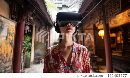 Tourist wearing vr headset exploring ancient chinese temple Tourist wearing vr headset exploring ancient chinese temple 121403277