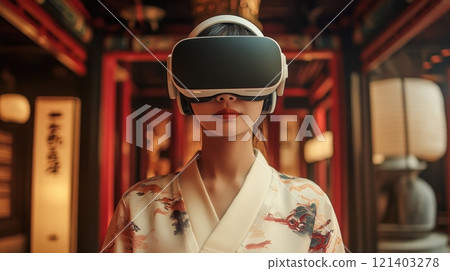 Young woman wearing traditional clothes using virtual reality headset in temple 121403278