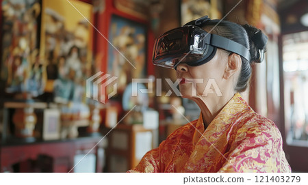 Senior asian woman wearing virtual reality headset experiencing metaverse in traditional temple 121403279