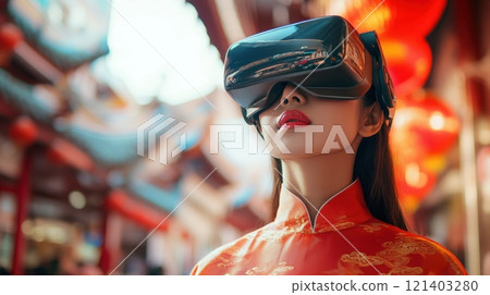 Chinese woman wearing virtual reality headset exploring metaverse in chinatown Chinese woman wearing virtual reality headset exploring metaverse in chinatown 121403280