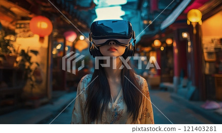 Young woman exploring virtual reality in a traditional asian street Young woman exploring virtual reality in a traditional asian street 121403281