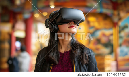 Young woman exploring virtual reality in traditional temple Young woman exploring virtual reality in traditional temple 121403282