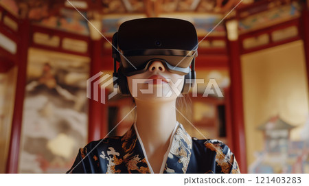 Young woman wearing virtual reality headset exploring traditional chinese architecture Young woman wearing virtual reality headset exploring traditional chinese architecture 121403283