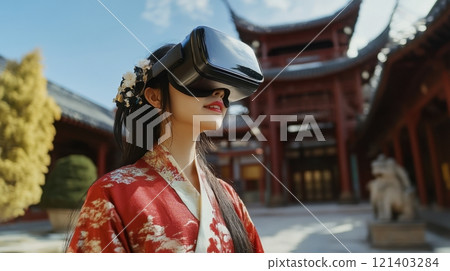 Young woman wearing traditional dress using virtual reality headset in temple Young woman wearing traditional dress using virtual reality headset in temple 121403284