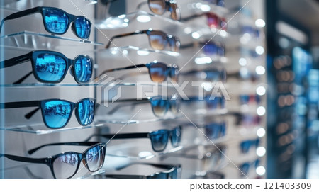 Sunglasses displaying on shelves in optician store 121403309