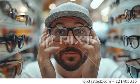 Customer trying eyeglasses in optical store: choosing perfect pair Customer trying eyeglasses in optical store: choosing perfect pair 121403310