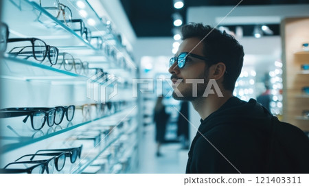 Customer choosing eyeglasses in optical store trying frames on display shelf Customer choosing eyeglasses in optical store trying frames on display shelf 121403311