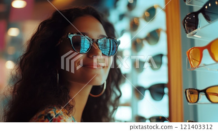 Happy customer is trying on eyeglasses in modern ophthalmic shop Happy customer is trying on eyeglasses in modern ophthalmic shop 121403312