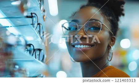 Smiling customer choosing eyeglasses in optics store Smiling customer choosing eyeglasses in optics store 121403313