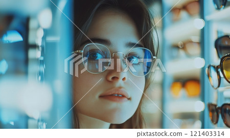 Young woman choosing eyeglasses in optical store: trying frames and shopping for eyewear Young woman choosing eyeglasses in optical store: trying frames and shopping for eyewear 121403314