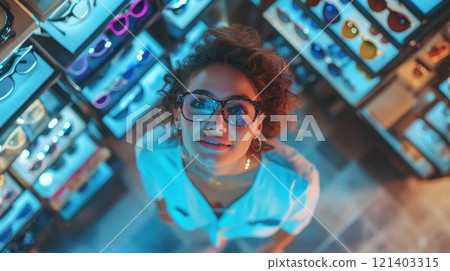 Woman wearing eyeglasses choosing sunglasses in optics store Woman wearing eyeglasses choosing sunglasses in optics store 121403315