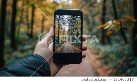 Tourist taking photo of scenic forest road with smartphone in autumn Tourist taking photo of scenic forest road with smartphone in autumn 121403317