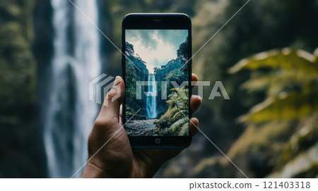 Tourist taking photo of waterfall with smartphone Tourist taking photo of waterfall with smartphone 121403318
