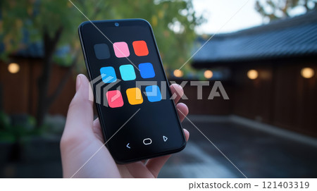 Hand holding smartphone with app icons in traditional japanese garden Hand holding smartphone with app icons in traditional japanese garden 121403319