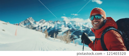 Smiling skier hiking up snowy mountain on sunny day Smiling skier hiking up snowy mountain on sunny day 121403320