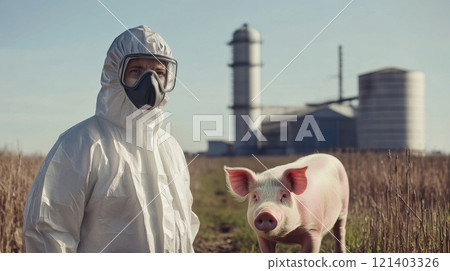 Veterinarian wearing hazmat suit protecting from swine flu next to pig and factory farm Veterinarian wearing hazmat suit protecting from swine flu next to pig and factory farm 121403326