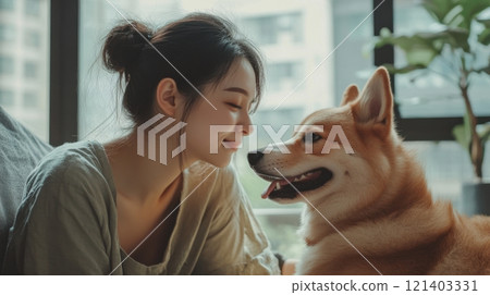 Young woman sharing a tender moment with her adorable corgi dog 121403331