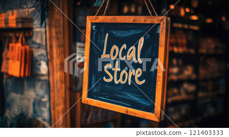 Local store sign hanging outside a small business 121403333