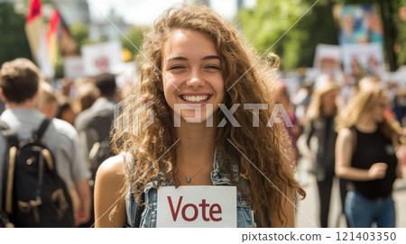 Young woman smiling and encouraging people to vote during political demonstration Young woman smiling and encouraging people to vote during political demonstration 121403350