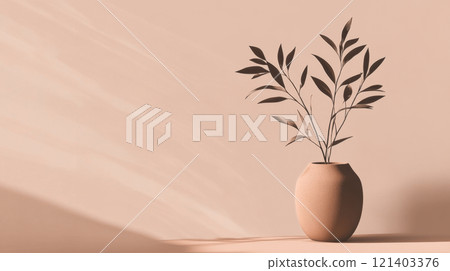 Minimalist plant in a ceramic vase with light shadows on a peach wall 121403376