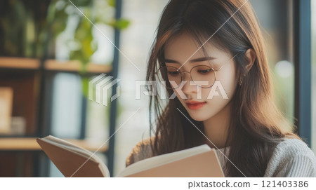 Young woman wearing glasses reading a book in a bookstore Young woman wearing glasses reading a book in a bookstore 121403386