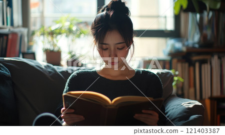 Young woman reading a book at home in sunlight Young woman reading a book at home in sunlight 121403387