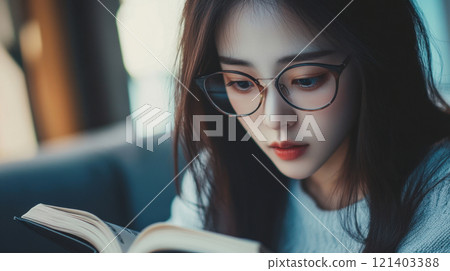 Young woman wearing glasses reading a book at home Young woman wearing glasses reading a book at home 121403388