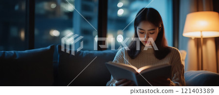 Young woman reading a book at night in her cozy living room Young woman reading a book at night in her cozy living room 121403389