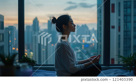 Young woman meditating in front of city skyline at sunset Young woman meditating in front of city skyline at sunset 121403390