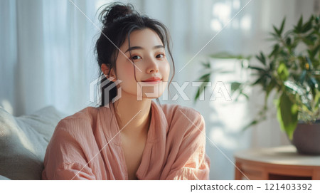 Beautiful asian woman relaxing at home in cozy atmosphere Beautiful asian woman relaxing at home in cozy atmosphere 121403392