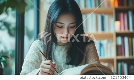 Young woman student taking notes and studying in library 121403404