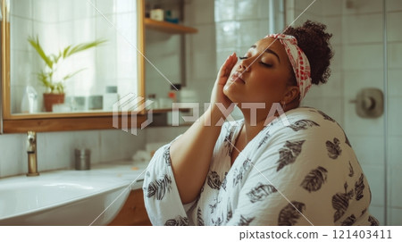 Plus size black woman touching face enjoying skincare routine in bathroom 121403411