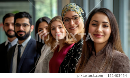 Diverse business team smiling together in modern office Diverse business team smiling together in modern office 121403434