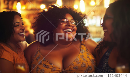 Three female friends laughing and talking together in a bar 121403444