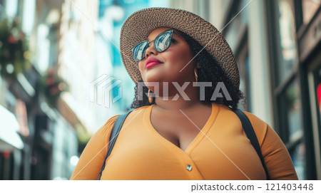 Tourist walking in city center wearing summer clothes and sunglasses 121403448