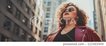 Plus-size fashion model wearing sunglasses and red leather jacket in new york city 121403449