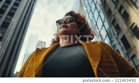 Young businesswoman walking in new york city and looking up at skyscrapers 121403450