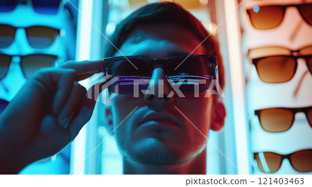 Programmer trying sunglasses with code reflecting in lenses in futuristic optics store Programmer trying sunglasses with code reflecting in lenses in futuristic optics store 121403463