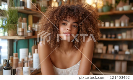 Young saleswoman with curly hair posing in cosmetics shop 121403492