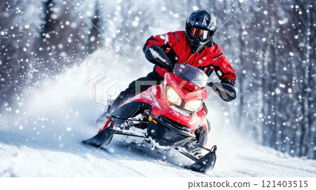 Professional snowmobiler riding fast in snowy forest trail 121403515