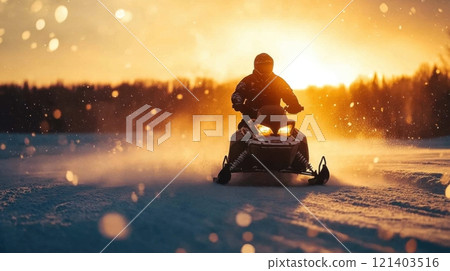 Snowmobiler riding fast in winter wonderland at sunset Snowmobiler riding fast in winter wonderland at sunset 121403516