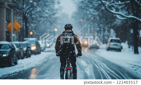 Cyclist riding bike on snowy city street in winter Cyclist riding bike on snowy city street in winter 121403517