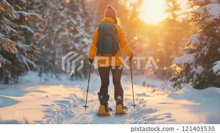 Woman hiking with snowshoes at sunset in a snowy forest Woman hiking with snowshoes at sunset in a snowy forest 121403530
